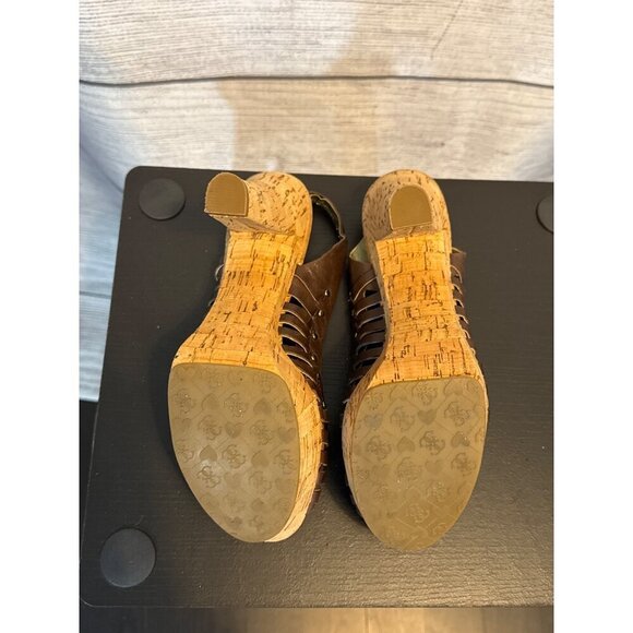 Guess Brown Cork Wedge Heeled Sandals With Adjustable Strap & Studded Detail - Picture 4 of 4